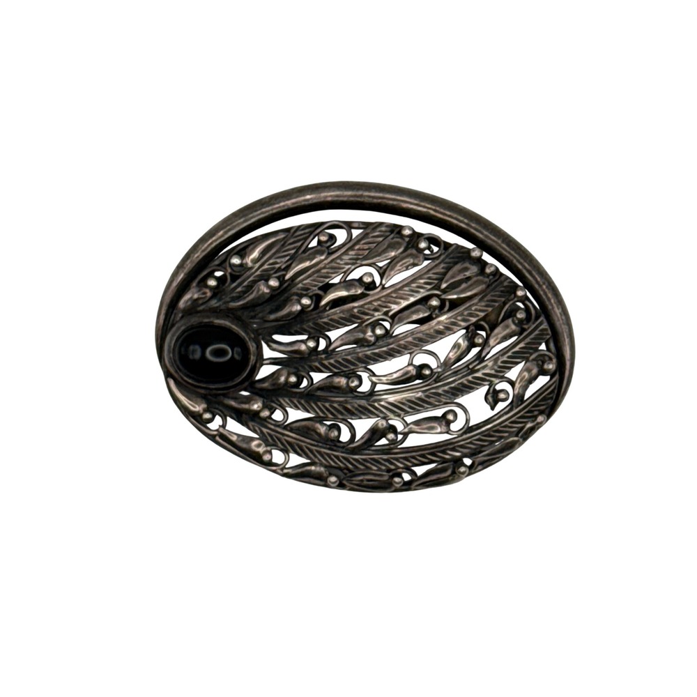 Vintage Sterling Silver Brooch Womens Black Onyx Peacock Feather Filigree Oval